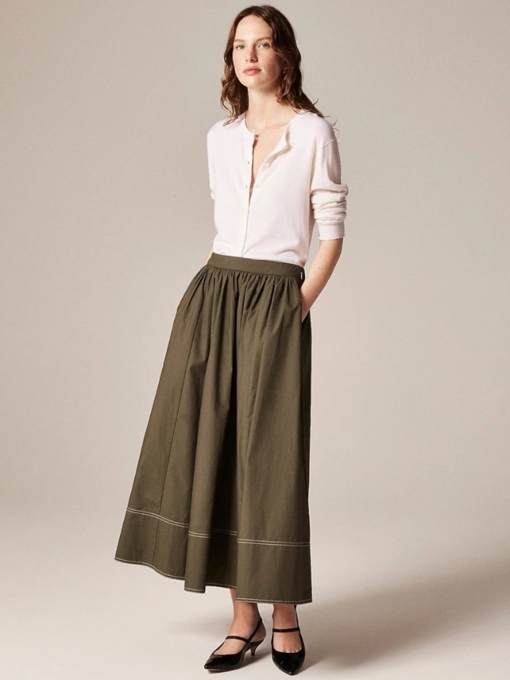 J. Crew Contrast Stitch Poplin Midi Skirt - Olive Green - size 4T
